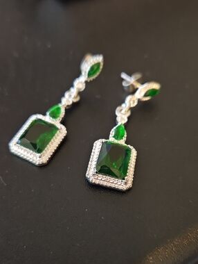 Emerald Green Crystal Drop Earrings - Silver Tone